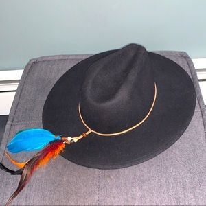 Free People Marlow Fedora Ranger Boho Wool Western Feather Hat in Black